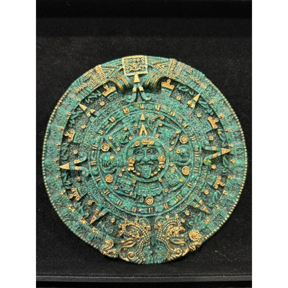 Aztec Sun‎ Stone Wall Plaque Large Green Gold  Calendar Wall
